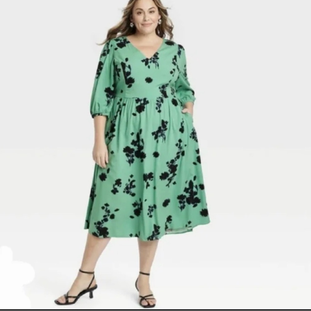 Ava & Viv 2X Spring Summer Midi Shift Floral Print Vneck 3/4 Sleeve Dress - Picture 1 of 9